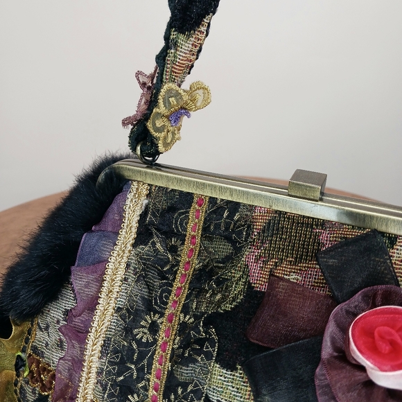 Vintage Nicole Lee Shoulder Bag Tapestry Faux Fur Boho Black - Picture 2 of 15